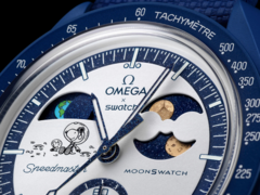 Den nya Mission to Earthphase - Moonshine Gold-klockan (bilden) har en månfasindikator på subdial klockan 2 och en jordfasindikator klockan 10. (Bildkälla: Swatch)