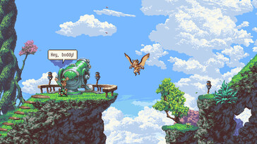 En bild som visar Geddy och Otus i Owlboy.