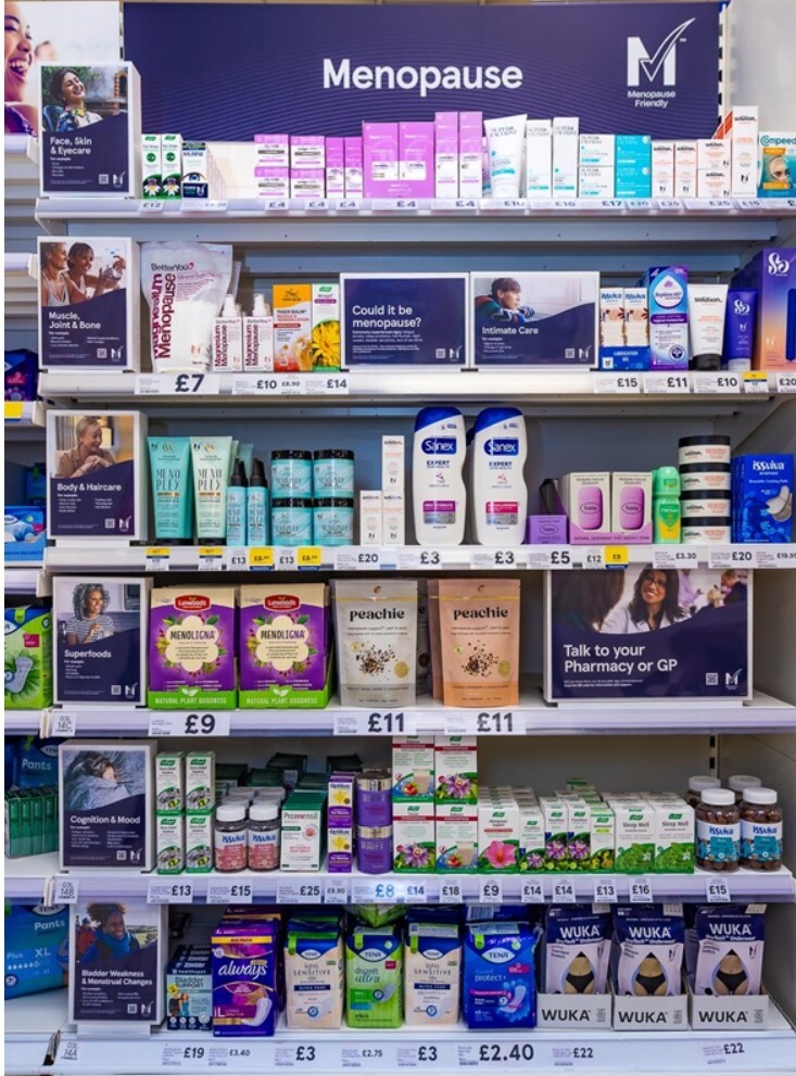 Tescos klimakterieavdelning i butiken har symptomspecifika produkter och QR-länkad hälsoutbildning i samarbete med GenM (Bildkälla: Tesco plc)