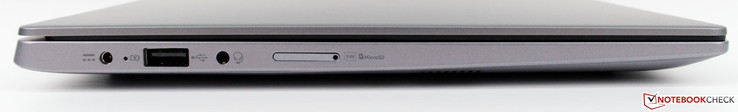 Vänster sida: strömförsörjning, USB 2.0 Typ A, hörlursanslutning, microSD & SIM-kortsplats