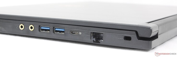Höger: 3,5 mm headset, 3,5 mm mikrofon, 2x USB-A 3.2 Gen. 1, USB-C 3.2 Gen. 1 med DisplayPort, RJ-45 (1 Gbps), Kensingtonlås