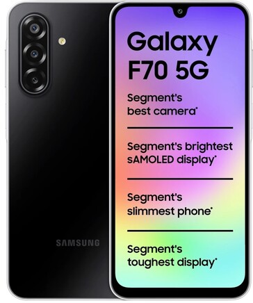 Samsung Galaxy F70 5G i Bold Black, visad framifrån och bakifrån