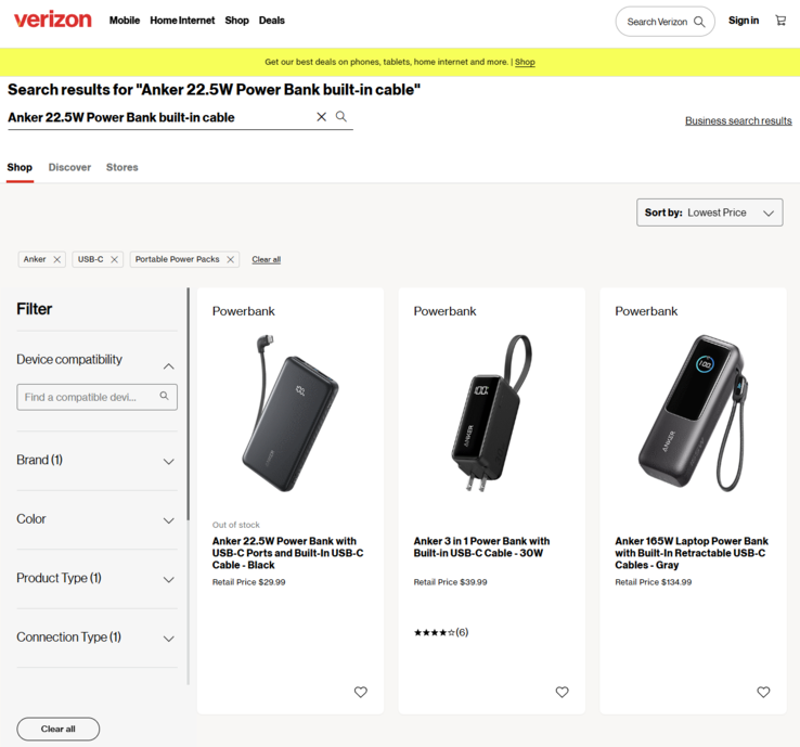 En skärmdump av Verizons listning av den nya Anker powerbanken. (Bildkälla: Verizon)