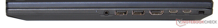 Höger sida: ljudkombination, 2x USB 3.2 Gen 2 (USB-A), HDMI, Thunderbolt 4 (USB-C; Power Delivery, DisplayPort), USB 3.2 Gen 2 (USB-C; Power Delivery), plats för ett Kensington-lås