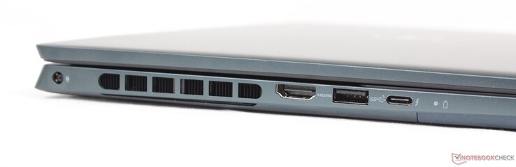 Vänster: AC-adapter, HDMI 2.0, USB-A 3.2 Gen. 1, USB-C med Thunderbolt 4 + DisplayPort + Power Delivery