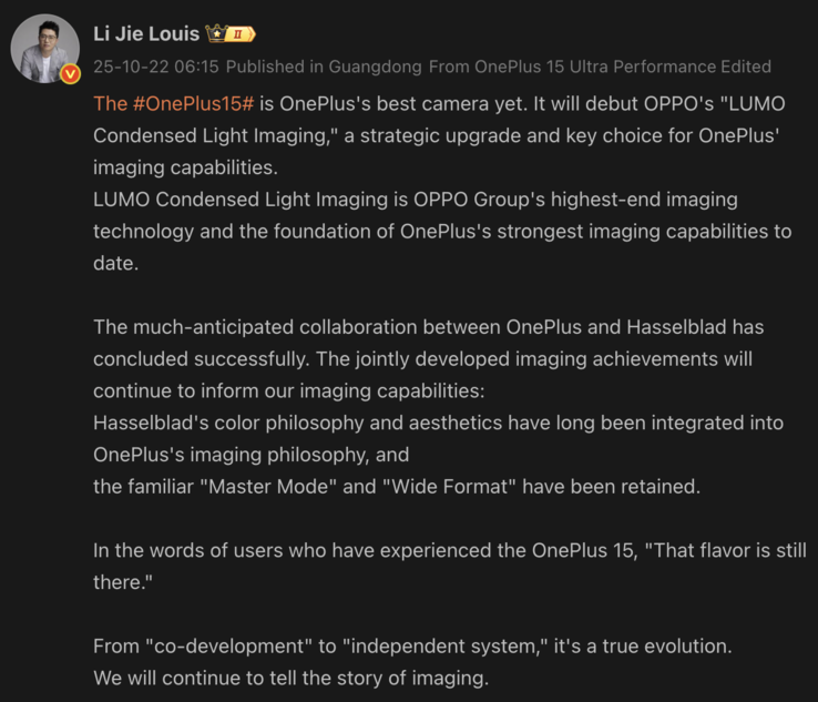 OnePlus President Louis Lee avslöjar kameradetaljer för OnePlus 15. (Bildkälla: Weibo - maskinöversatt)