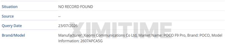 GSMA:s IMEI-databas med uppgifter om Poco F9 Pro.