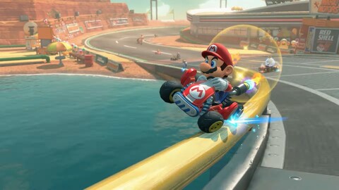 På bilden: Mario slipar på en skena under trailern (Bildkälla: Med tillstånd av Nintendo via deras Switch 2 Direct