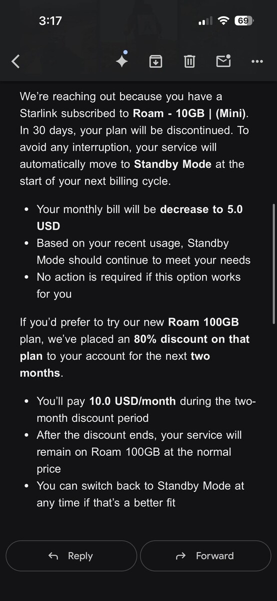 Starlink kommer att förvandla $ 10 Roam-planen till Standby-läge. (Bildkälla: silvertricl0ps/Reddit)