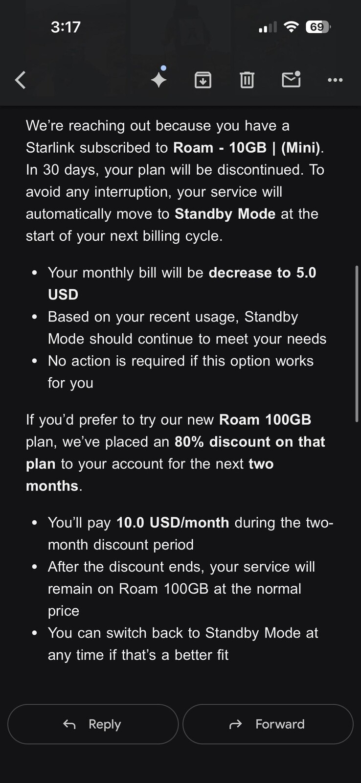 Starlink kommer att förvandla $ 10 Roam-planen till Standby-läge. (Bildkälla: silvertricl0ps/Reddit)