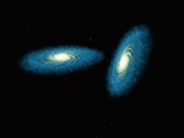 En konstnärs illustration som visar två galaxer.