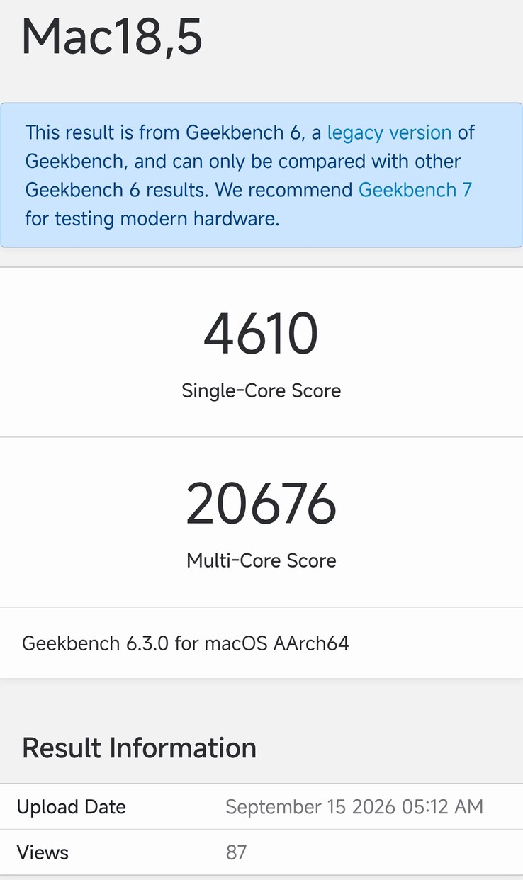 Geekbench 6.3-listningen för Mac mini M6