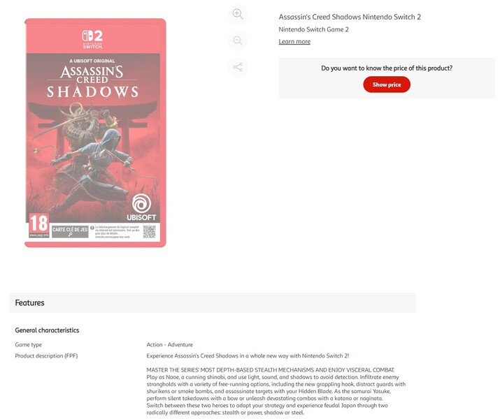 Assassin's Creed Shadows Switch 2 Auchan-notering (Bildkälla: skärmdump, Auchan)