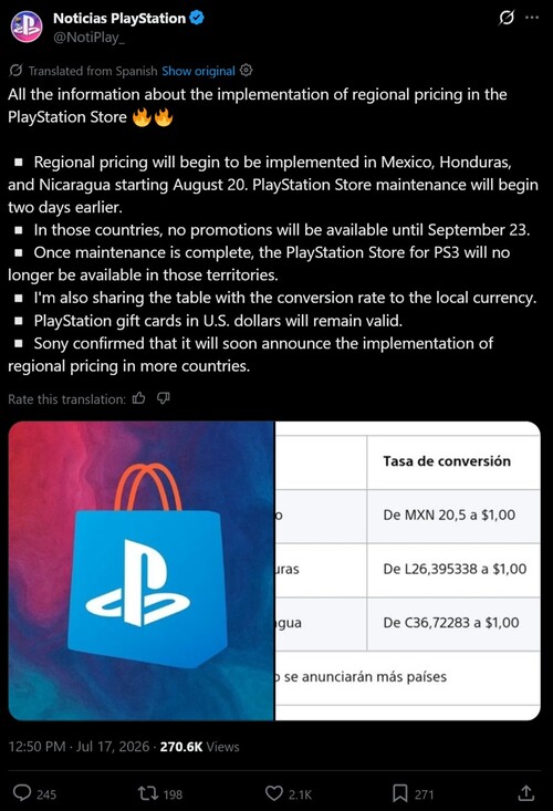 Översatt prismeddelande från PlayStation Store i Latinamerika visas