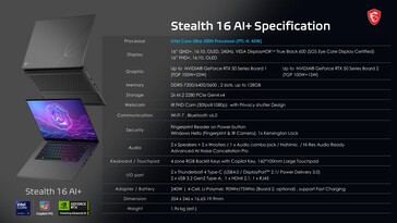 MSI Stealth 16 AI+: Specifikationer. (Bildkälla: MSI)
