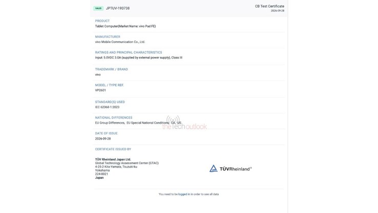 Certifiering från TÜV Rheinland Japan för Vivo Pad FE.