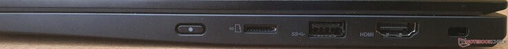 Höger: strömknapp, microSD-kortläsare, USB-A 3.2 Gen1 (Powered), HDMI 2.0, säkerhetslås