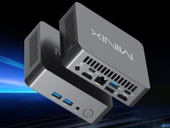 NUC300 har en 2,5 GbE-port. Bild: en reklambild som visar mini-PC:ns design och portkonfiguration.