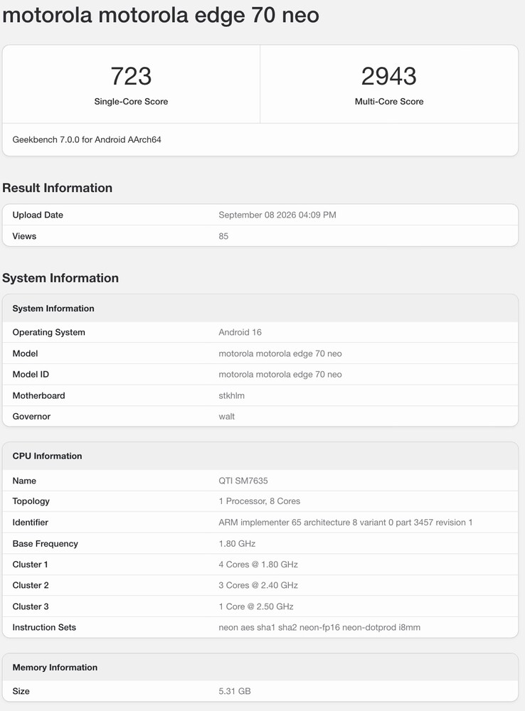 Geekbench-listning av Edge 70 Neo.
