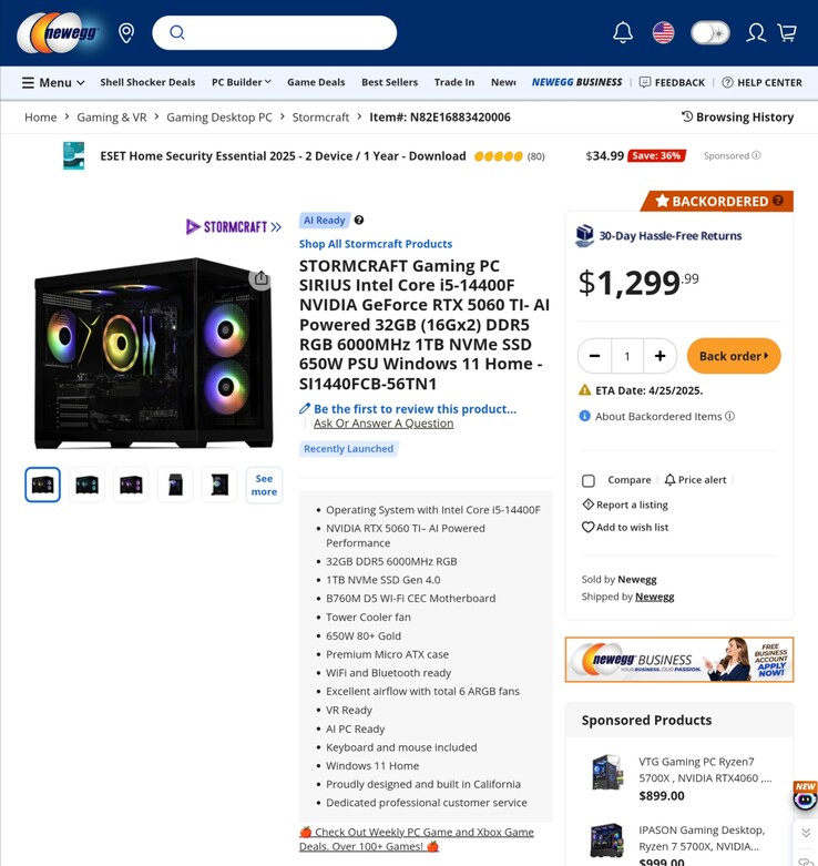 Den billigaste RTX 5060 gaming PC kommer tydligen att kosta $1,299.99. (Bildkälla: Newegg)