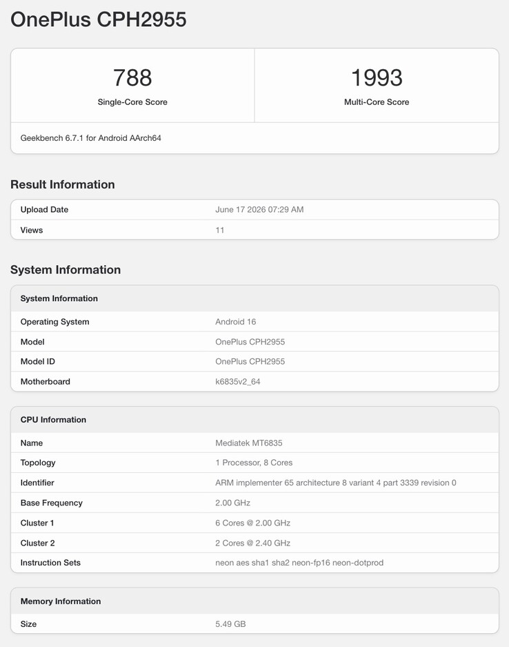 En påstådd Geekbench-listning av OnePlus N6.