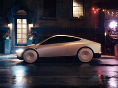 Tesla Cab parkerad på en våt stadsgata på natten, med en elegant, futuristisk design med täckta hjul. (Bildkälla: Tesla)