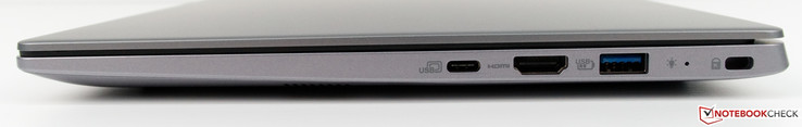 Höger sida: USB Typ C, HDMI, USB 3.0 Typ A, Plats för säkerhetslås