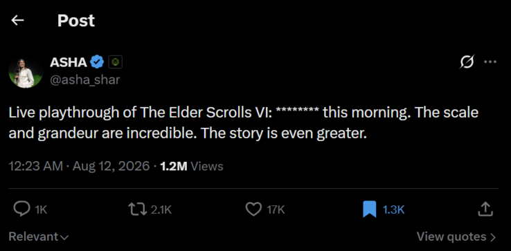 Asha Sharma har spelat The Elder Scrolls VI