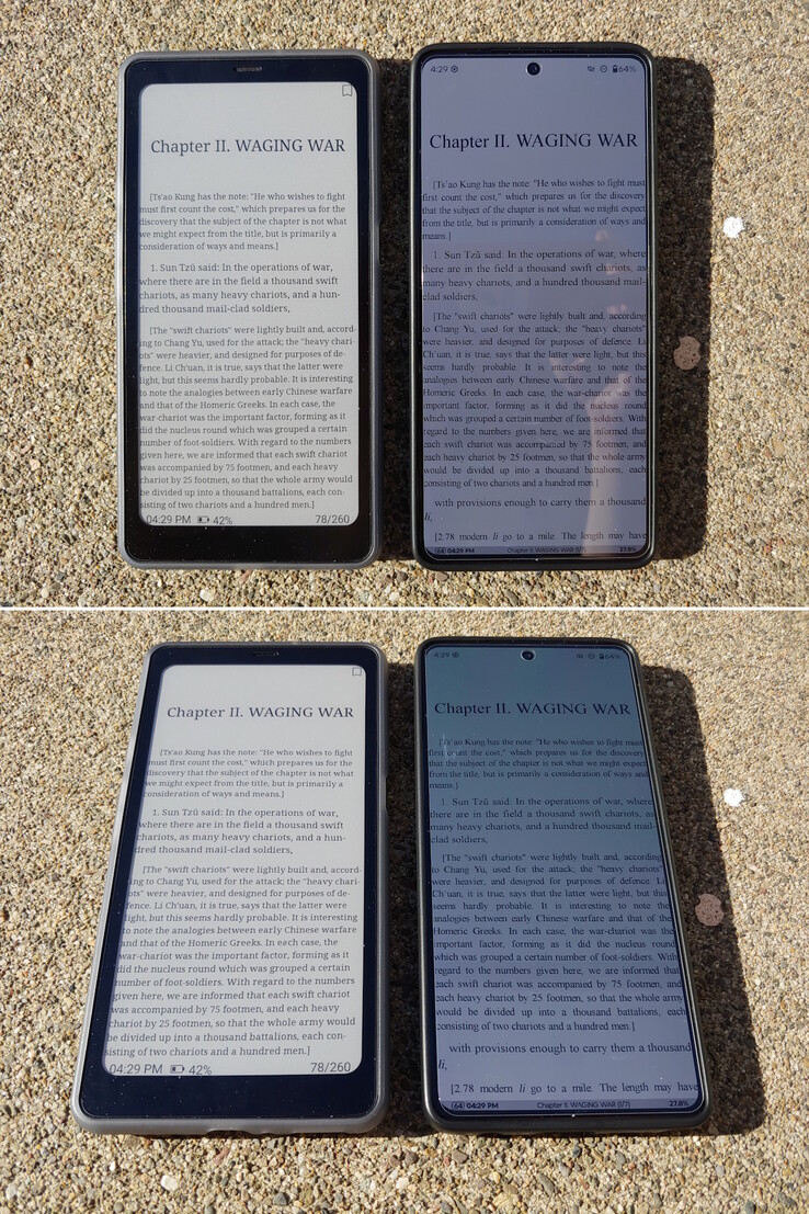 Kaleido vs OLED (~1.200 nits). Direkt solljus på eftermiddagen.