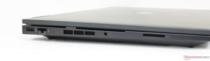 Vänster: USB-A 5 Gbps, Gigabit RJ-45, 3,5 mm headset, SD-kortläsare