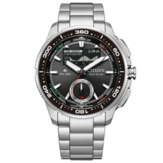 Produktbild på framsidan av Citizen Promaster Wave Tracker JV3001-53E med armband i rostfritt stål, svart boett och hybrid analog-digital yacht timer-urtavla.