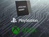 PlayStation- och Xbox-logotyperna syns under Microns GDDR7 DRAM (Bildkälla: Micron, Sony PlayStation, Xbox Gaming med redigeringar)