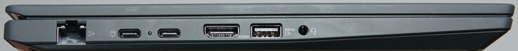 Portar vänster: 1-Gigabit-LAN, USB4 (40 Gbit/s, DP), USB-C (10 Gbit/s, DP), HDMI, USB-A (5 Gbit/s), Headset