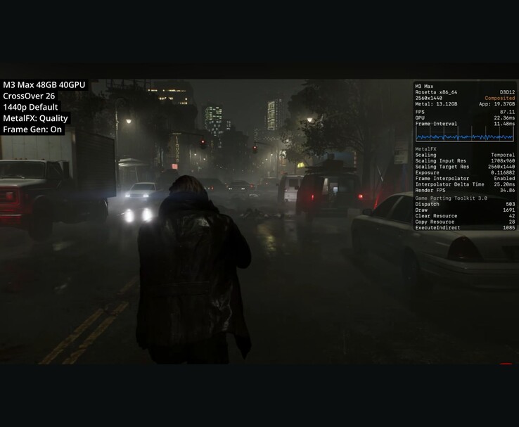 Resident Evil Requiem körs på M3 Max Mac via CrossOver 26 vid 1440p med MetalFX Quality och bildgenerering som visar cirka 87 FPS.