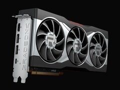 Närbildsrendering av AMD Radeon RX 6800 XT-grafikkortet, som har en kylningsdesign med tre fläktar och ett silverfärgat hölje med framträdande Radeon-varumärke. (Bildkälla: AMD)