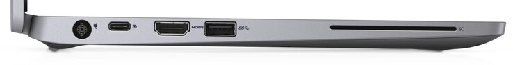 Vänster: Nätadapter, USB 3.2 Gen 2 (Typ C; DisplayPort, Power Delivery), HDMI, USB 3.2 Gen 1 (Typ A)