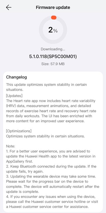 Releaseanteckningarna för programvaruversion 5.1.0.118 för Huawei Watch Fit 4 Pro. (Bildkälla: u/Cakerist via Reddit)