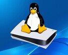 Tux Linux-logotyp visas ovanför PS5-konsol