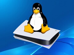 Tux Linux-logotyp visas ovanför PS5-konsol
