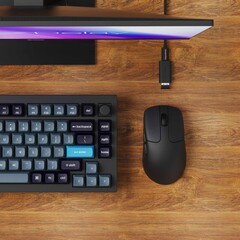 Keychron M2-mus med 8K-mottagare samt förlängningskabel och adapter.