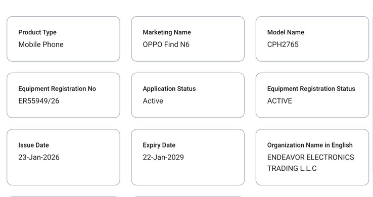 Oppo Find N6 visas på TDRA. (Bildkälla: TDRA)