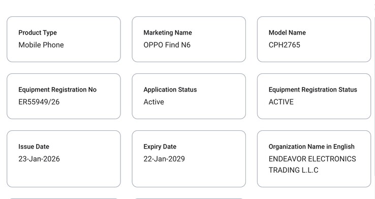Oppo Find N6 visas på TDRA. (Bildkälla: TDRA)