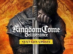 Reklamgrafik för Kingdom Come: Deliverance next-gen-uppdatering som visar Henry med ett svärd i handen.