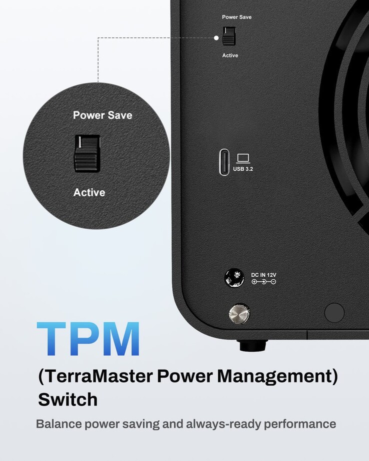 Bilden visar den särskilda energisparfunktionen hos TerraMaster D8 Hybrid 2 DAS