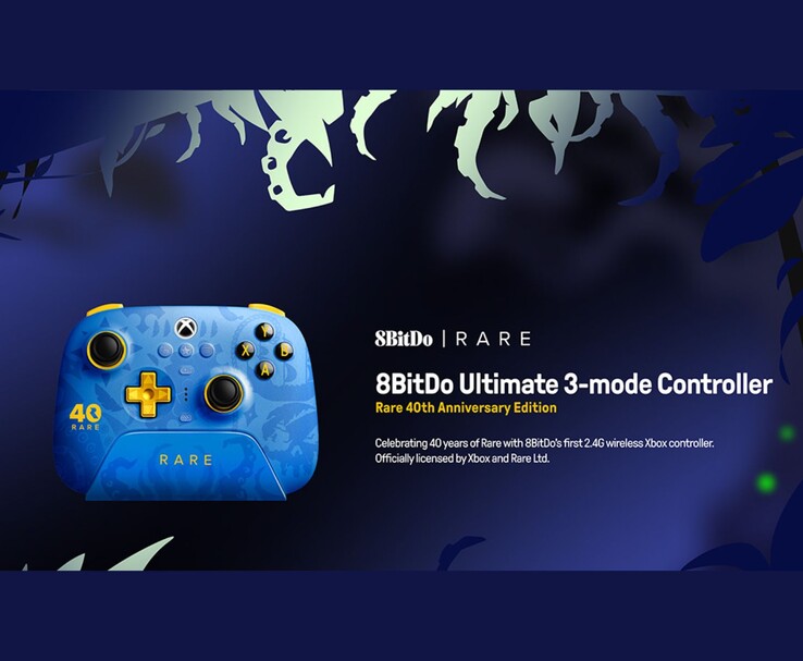 Officiell reklam för 8BitDo Ultimate 3-mode Controller Rare 40th Anniversary Edition, som visar upp kontrollens design och varumärke. (Bildkälla: Officiell 8BitDo reklamaffisch)
