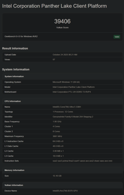 Intel Core Ultra 5 328H Geekbench-lista (bildkälla: Geekbench)