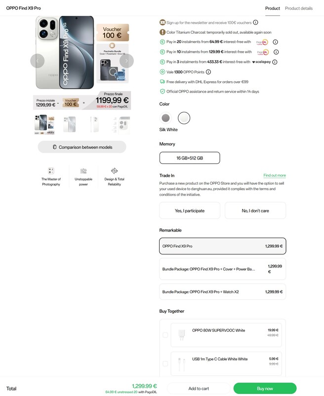 I Italien finns det en rabatt på €100 på Oppo Find X9 Pro och två olika paketerbjudanden.