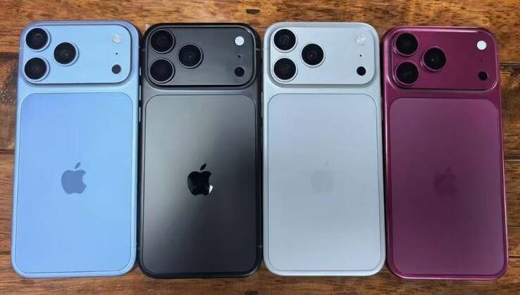 Läckta iPhone 18 Pro-designmodeller visar färgvarianterna Light Blue, Black, Silver och Dark Cherry.