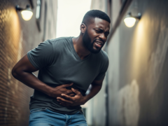 En svart man som håller om sin buk (Bildkälla: AI-genererad bild)