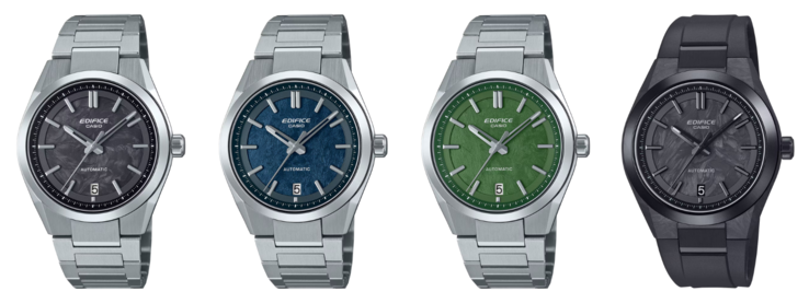 Från vänster till höger: klockorna Casio EFK-100CD-1A, EFK-100D-2A, EFK-100D-3A och EFK-100XPB-1A. (Bildkälla: Casio, redigerad)